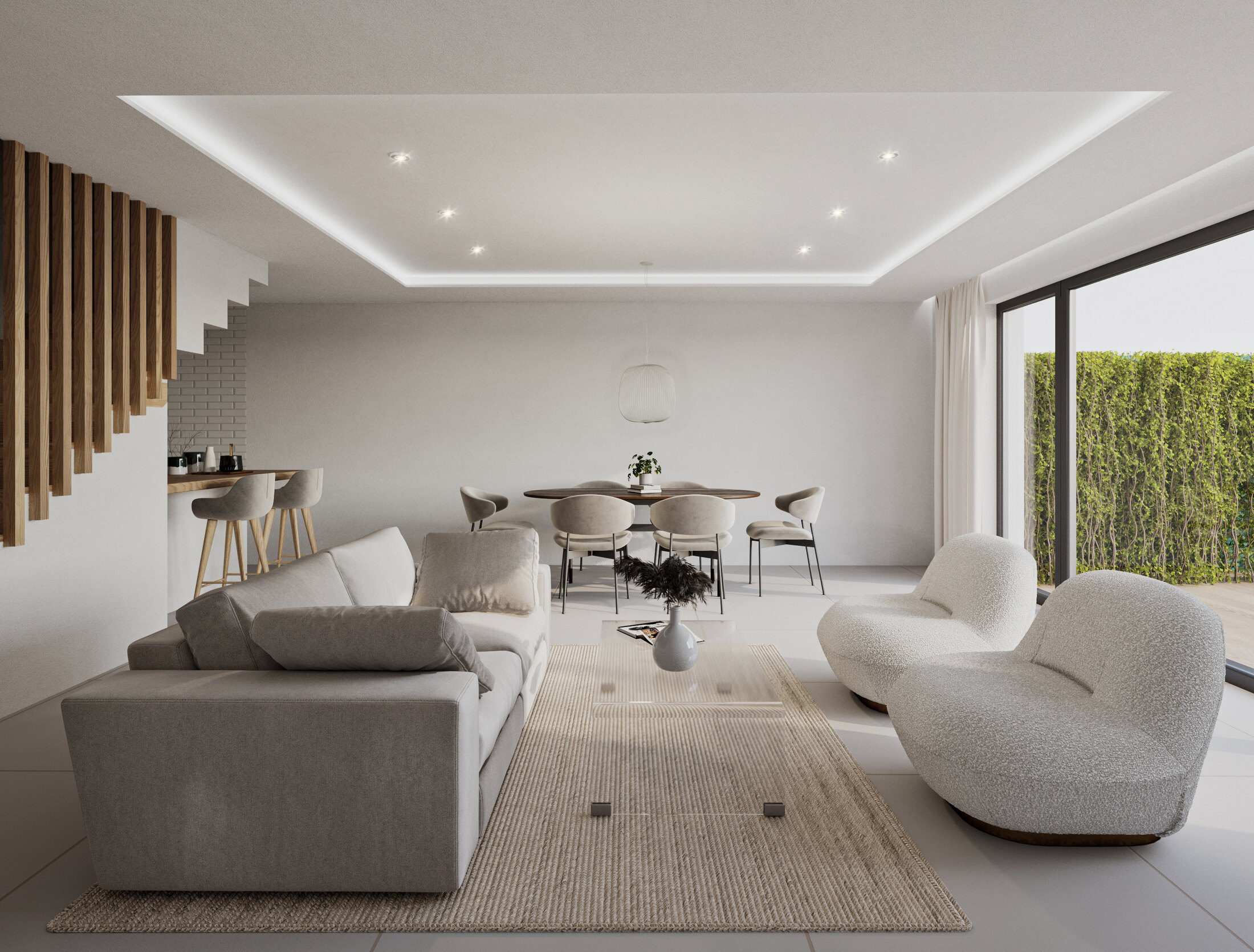 Render interior del salón comedor del proyecto SunsetHaus, con escalera de listones de madera y sofás claros