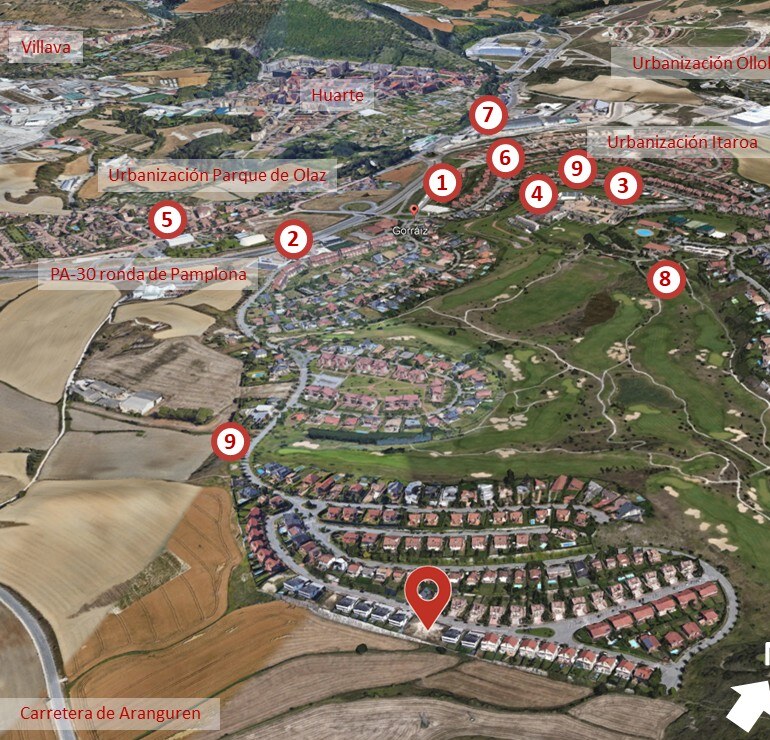 Mapa con servicios próximos a la propiedad: centro de salud, colegios, hotel, polideportivo, centros Itaroa, golf y parque infantil