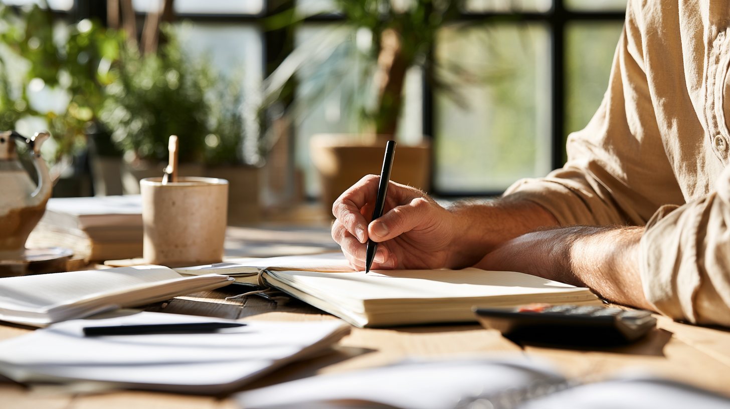 Persona repasando con calma las cuentas domésticas con un cuaderno y una calculadora junto a una ventana soleada.