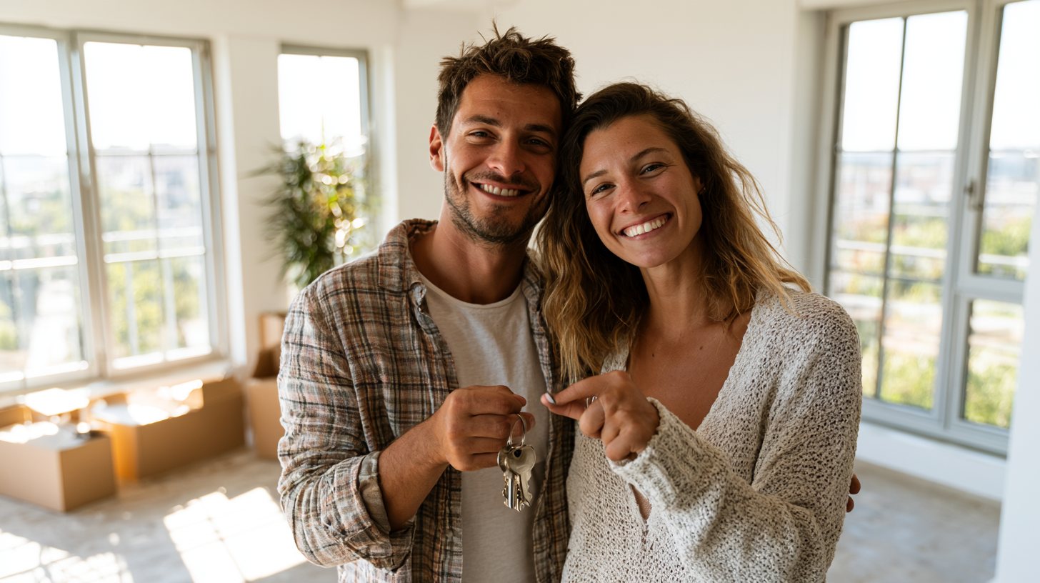 Pareja joven sonriente sosteniendo las llaves de su nueva vivienda, con cajas de mudanza y grandes ventanales luminosos al fondo.