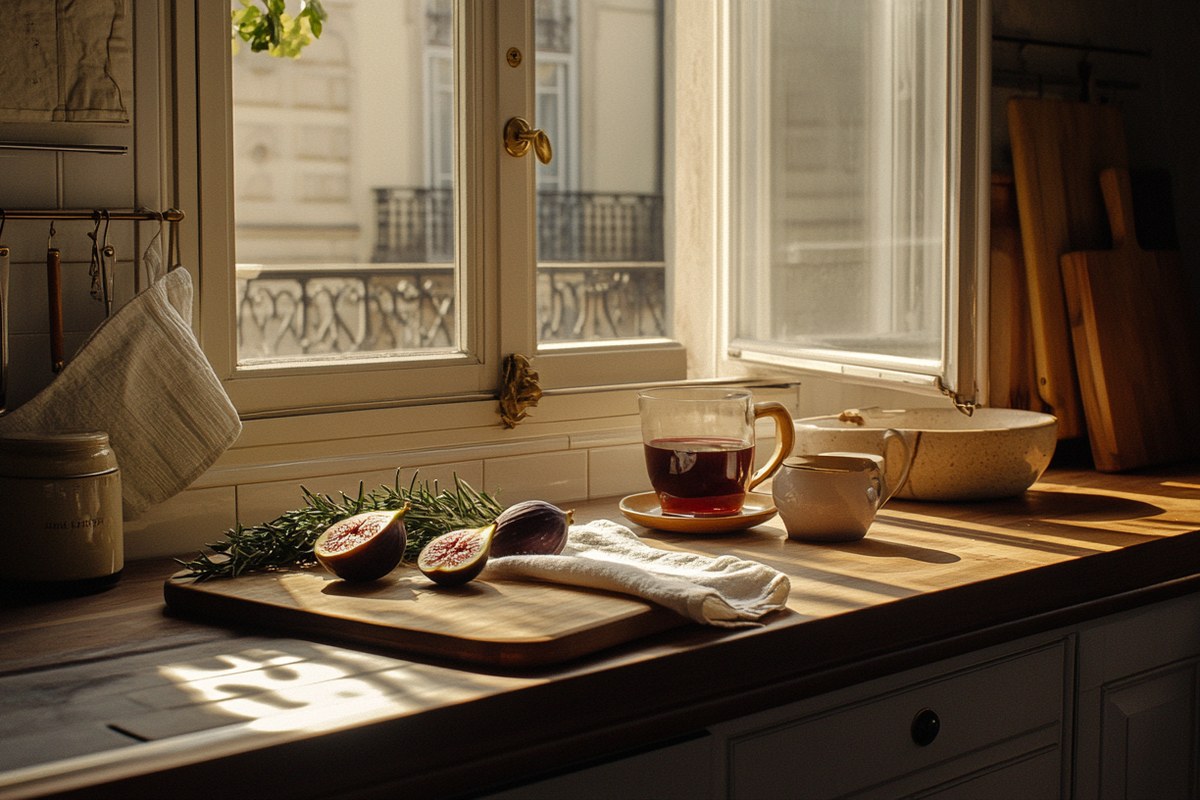 Encimera de cocina iluminada por luz natural en un apartamento de Pamplona, con calma cotidiana