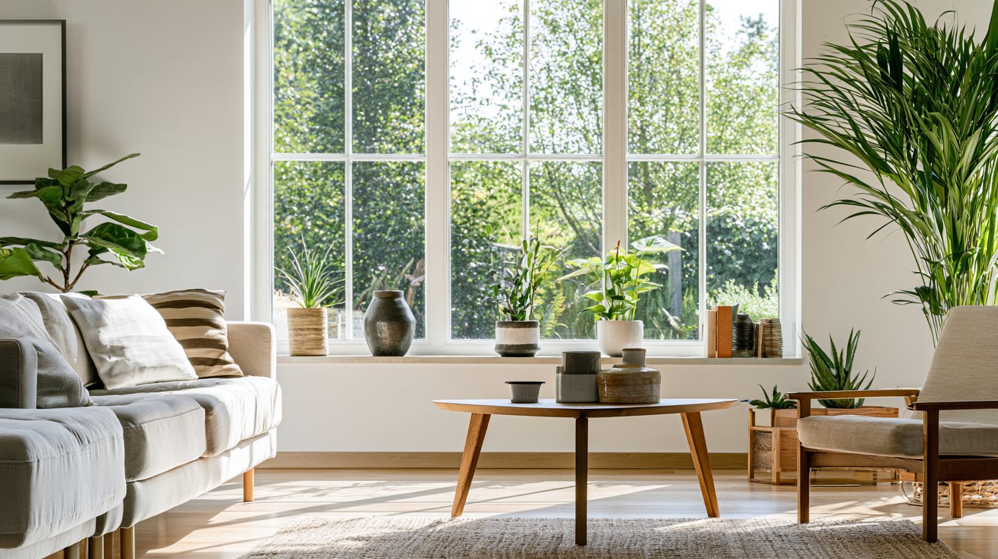 Salón moderno, cálido y luminoso con grandes ventanales y plantas, en una vivienda eficiente.