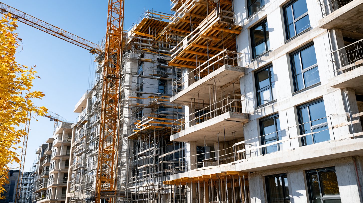 Edificio residencial en construcción con grúas y andamios bajo un cielo azul despejado.