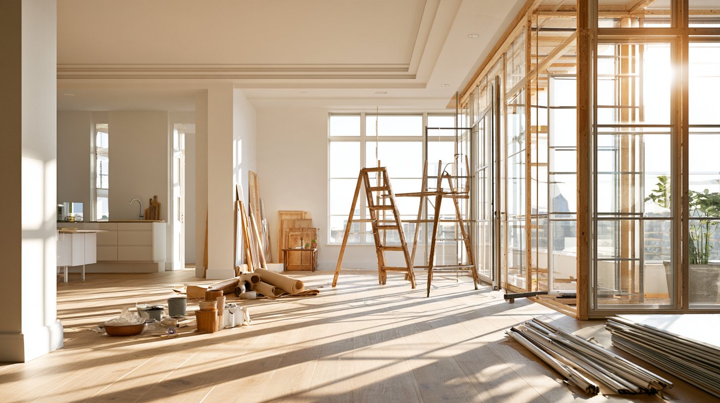 Vivienda diáfana en obra de reforma, con una escalera y materiales, con mucha luz natural.