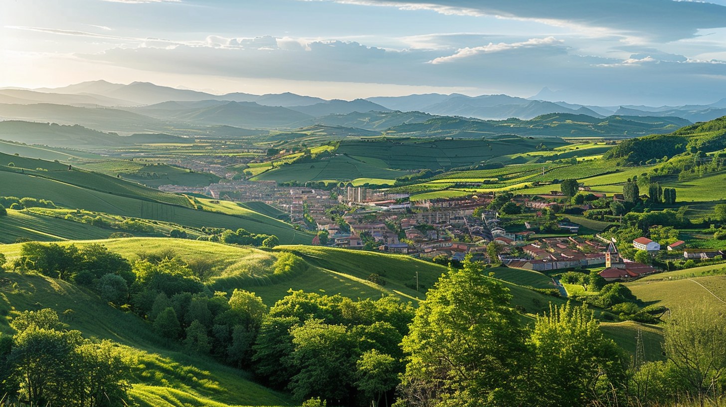 Vista panorámica de Pamplona con la ciudad rodeada de campo verde