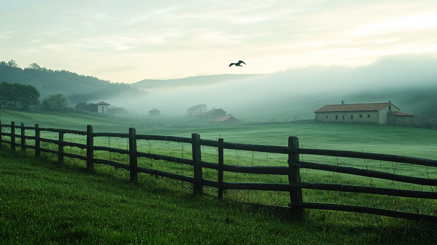 Parcela con bruma en el entorno rural de Navarra al amanecer