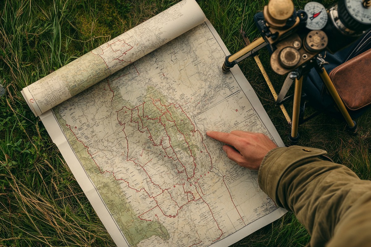 Vista cenital de un plano topográfico sobre césped con útiles de medición