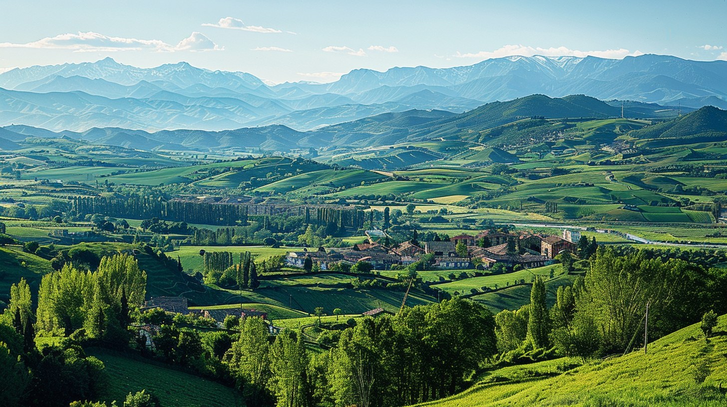 Vista panorámica amplia de Pamplona rodeada de zonas verdes con el casco antiguo y el ensanche moderno