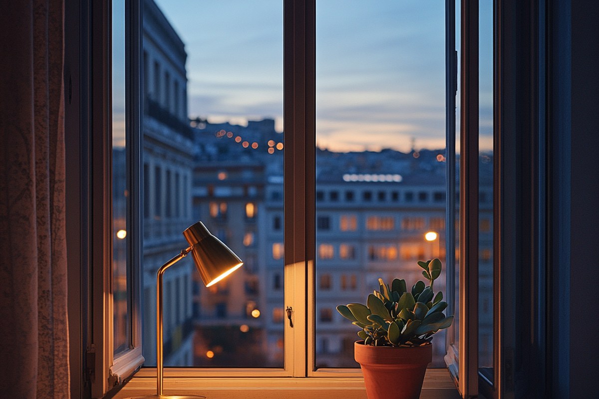 Composición editorial cuadrada de fachada de edificio residencial de Pamplona con luz lateral cálida