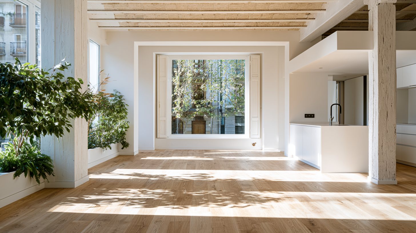 Interior luminoso de un local de planta baja reconvertido en vivienda tipo loft, con vigas de madera vistas, gran ventanal a la calle, suelo de madera clara y plantas.