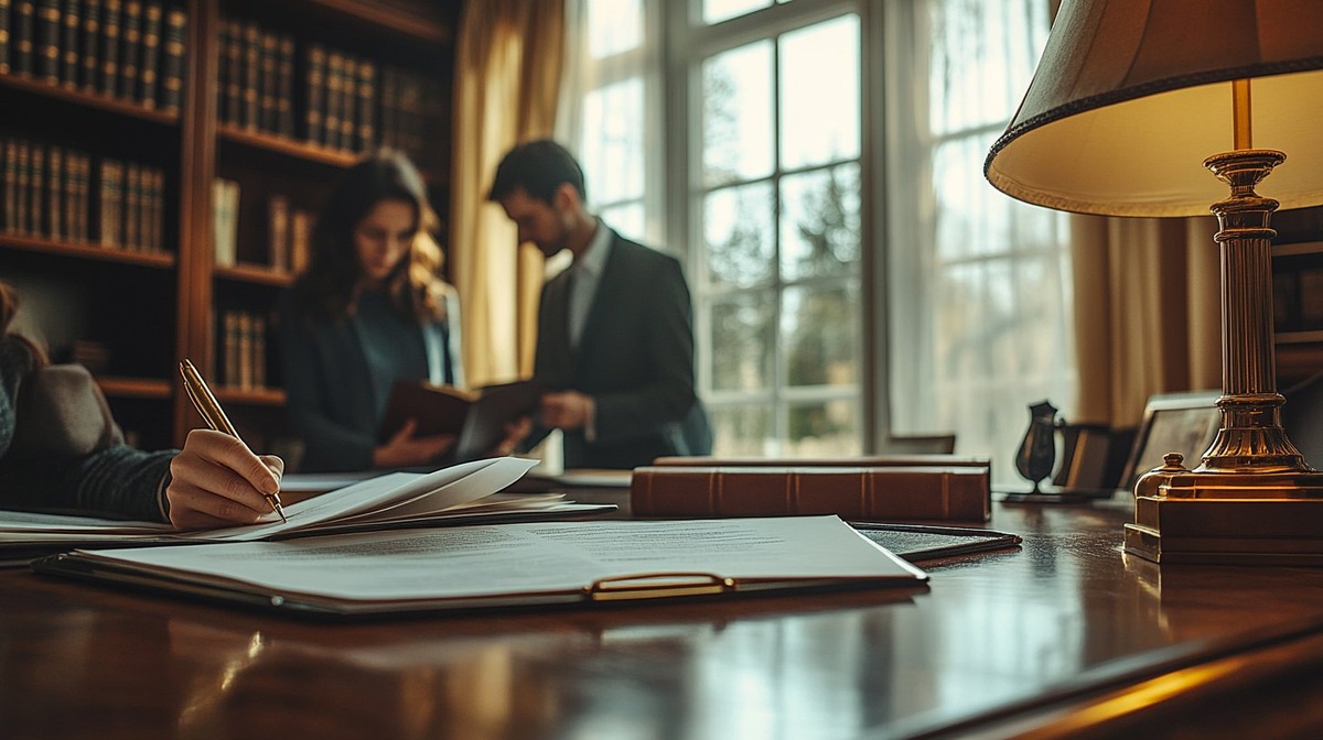 Reunión en notaría con tres personas firmando escritura de compraventa