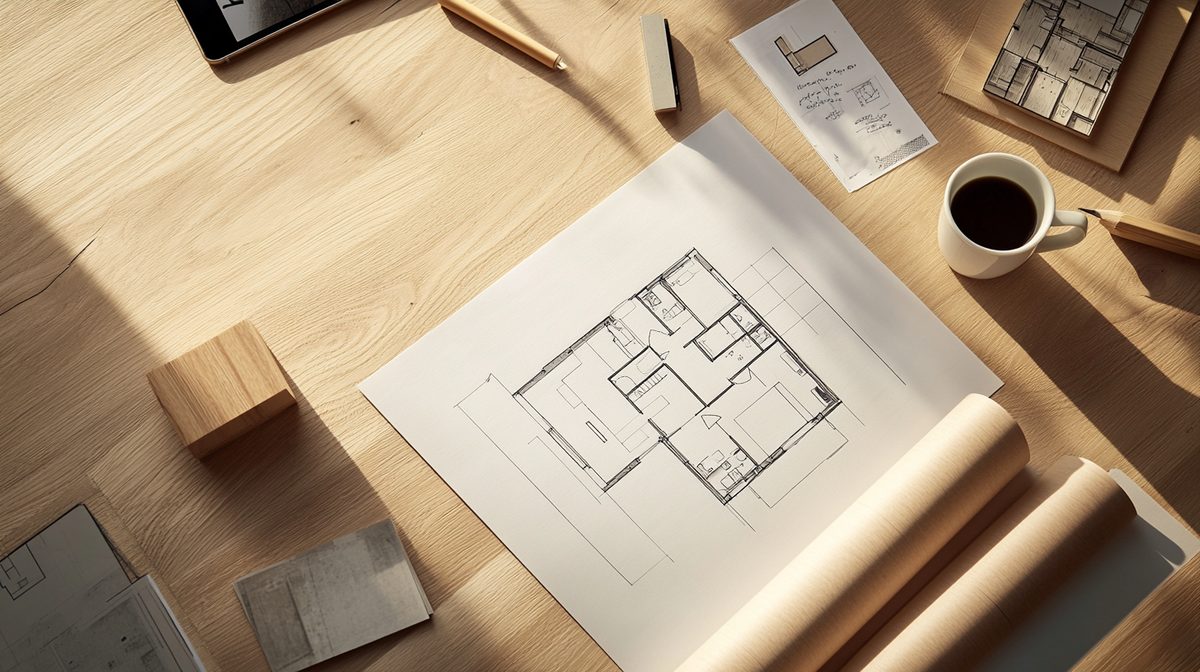 Obra de reforma en interior de vivienda con herramientas y planos