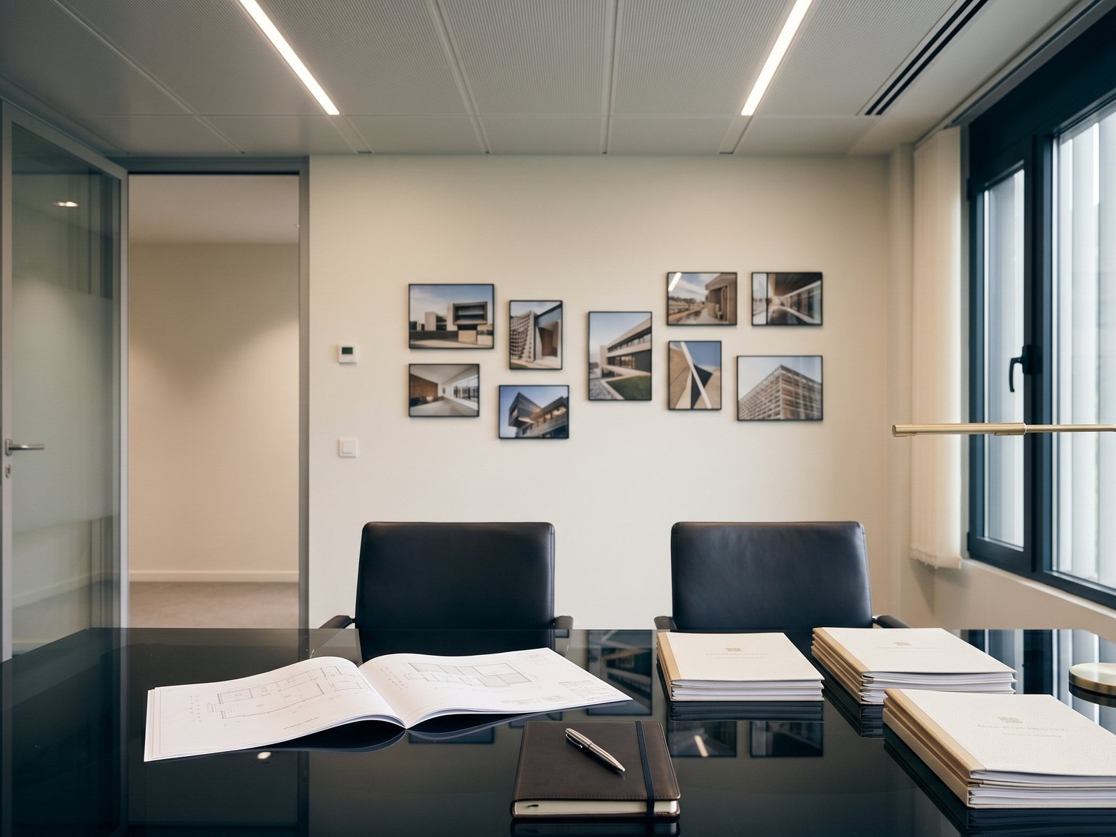 Sala de reuniones de ALU Inmobiliaria con planos arquitectónicos sobre la mesa · oficina en Sarriguren, Navarra
